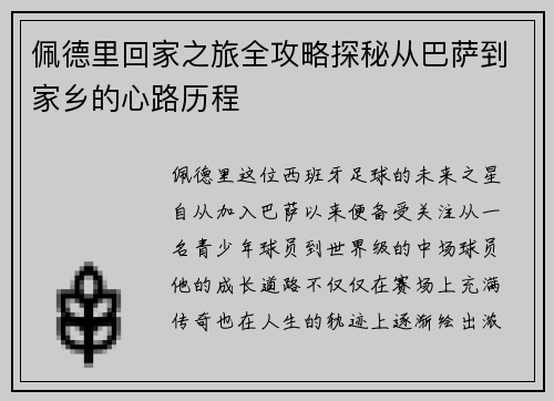 佩德里回家之旅全攻略探秘从巴萨到家乡的心路历程