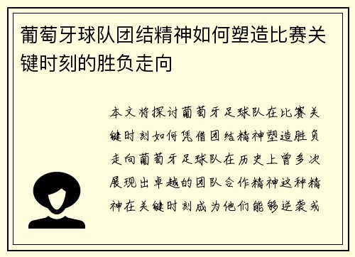 葡萄牙球队团结精神如何塑造比赛关键时刻的胜负走向